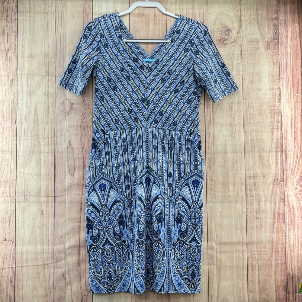 J McLaughlin Catalina Cloth Blue Paisley Print V Neck Short Sleeve Midi‎ Dress S